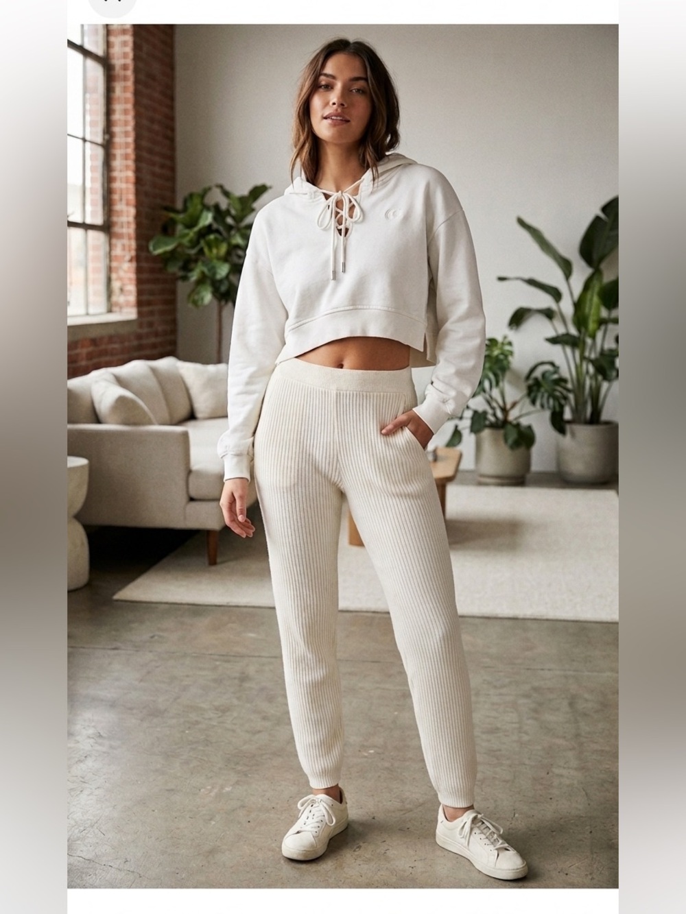 For Love and Lemons Cropped Hoodie Sweatshirt in Ivory